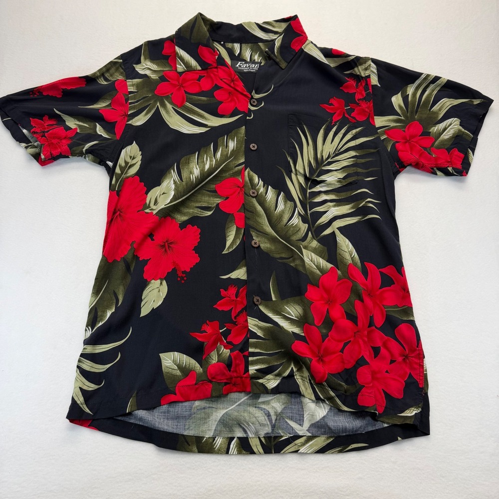 Favant Button Down Mens S Black Hawaiian Shirt Floral Palm Rayon Short Sleeve